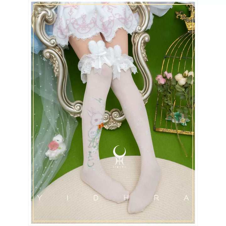 Yidhra~Animal Garden~Kawaii Lolita Calf Socks Cat Rabbit Print Stockings Creamy Yellow - Stockings