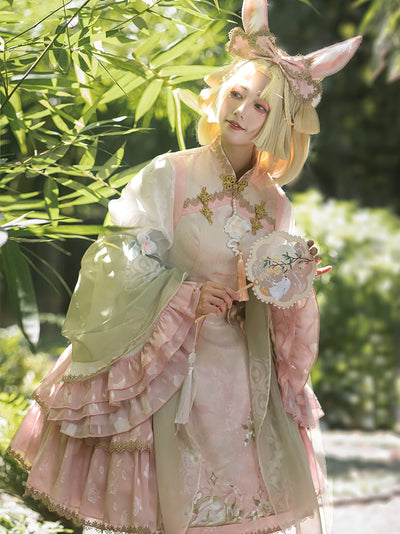 NanshengGe~Touch The Moon~Han Lolita Plus Size Rabbit Embroidery Dress M pink headdresses 