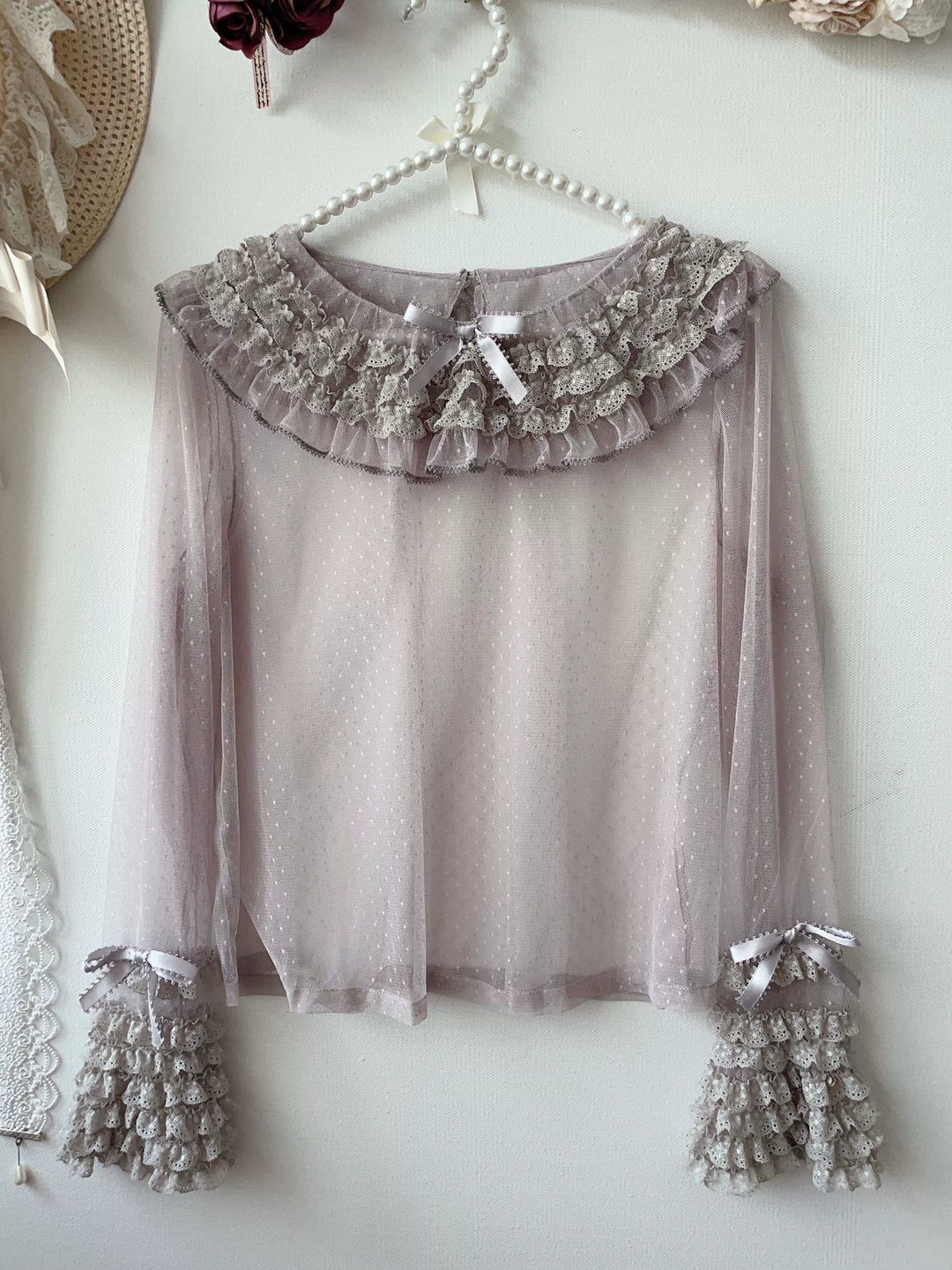 Sweet Dreamer~Antique Wall~Classic Lolita Blouse Polka Dots Tulle Shirt [tulle body in stock] big dots light gray-purple blouse only M