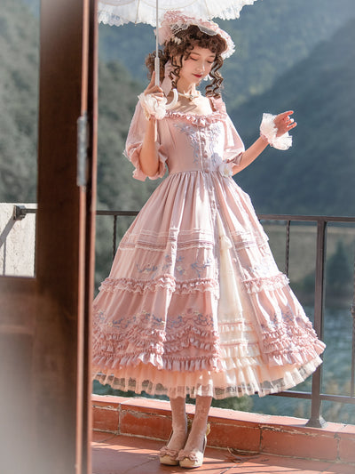 Two Rural Cats~Old Handicrafts~Country Lolita Daily Gorgeous Embroidery Dress S FS set light pink