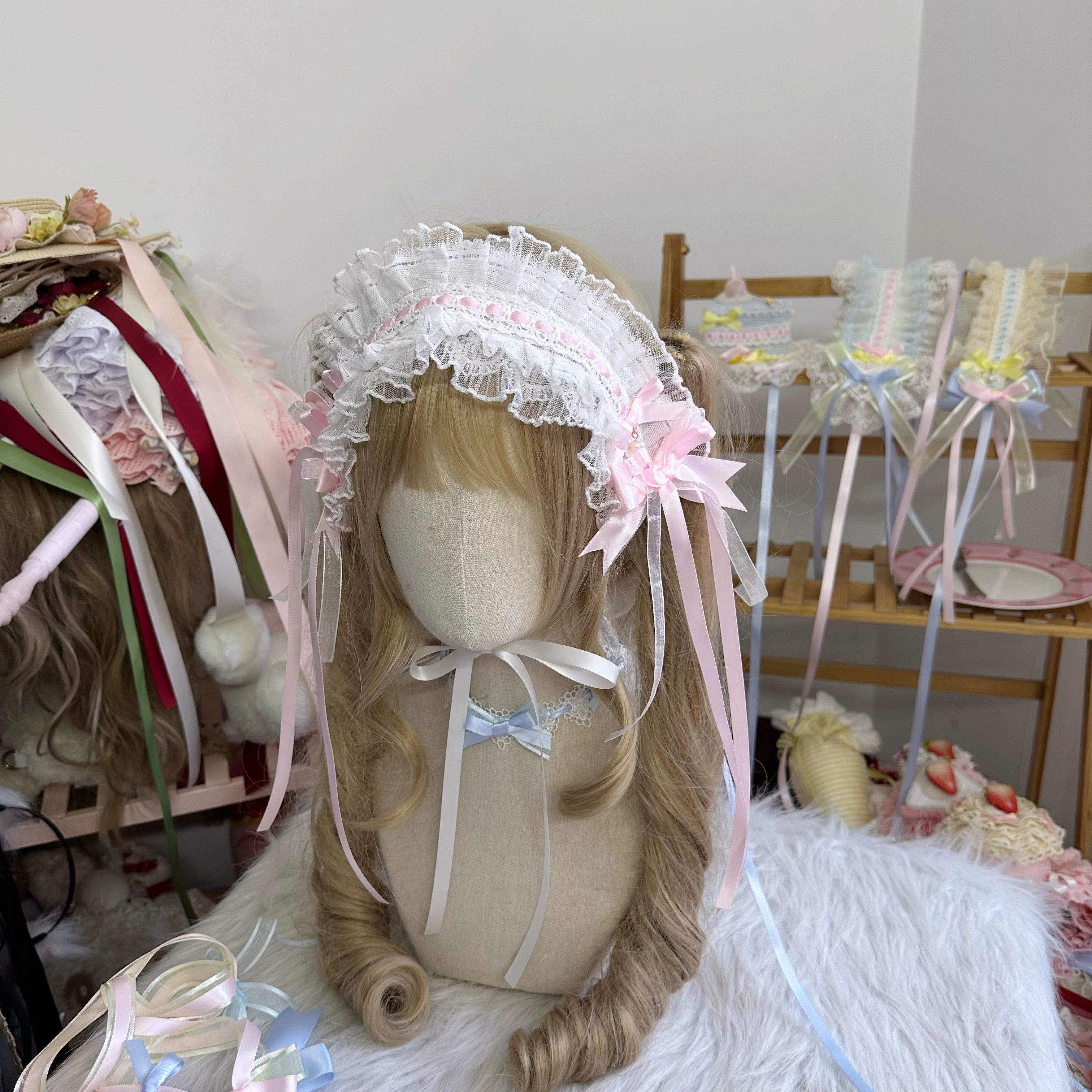 Chestnut Lolita - Sweet Lolita Headdress, Bow and Lace Decoration White and Pink Hairband Only