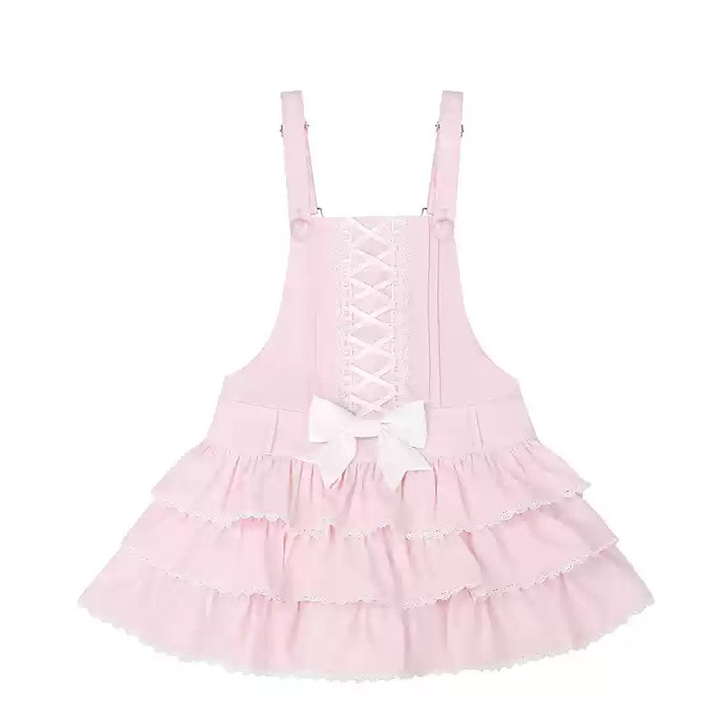 To Alice~Old School Lolita Salopette Suit Tiered Dress Pink salopette with white bow S