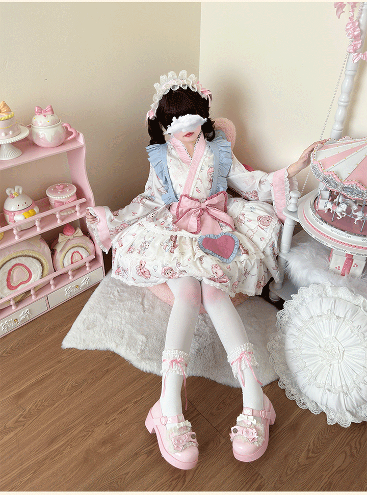 Niu Niu~Showa Moe Bear~Plus Size Wa Lolita Dress Set Kawaii Lolita SK Suit