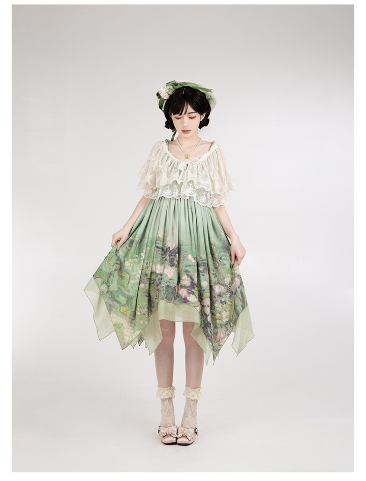 With PUJI~Blooming Rose~Chiffon Classic Lolita Dress Set Painting Styled OP & JSK 42925:758702