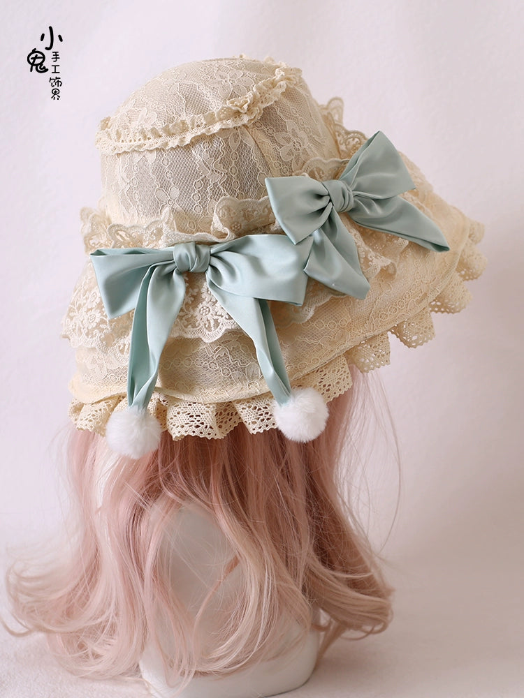 Xiaogui - Retro Lolita Hat Lace Handmade Doll Hat with Multicolor Bows One Size beige hat with mint green bow