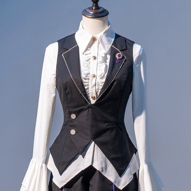 Forest Fluorescent Carps - The Judge's Game - Black Ouji Lolita Shorts Suit Prince Long Sleeved Shirt Black Vest (with a brooch) Only S