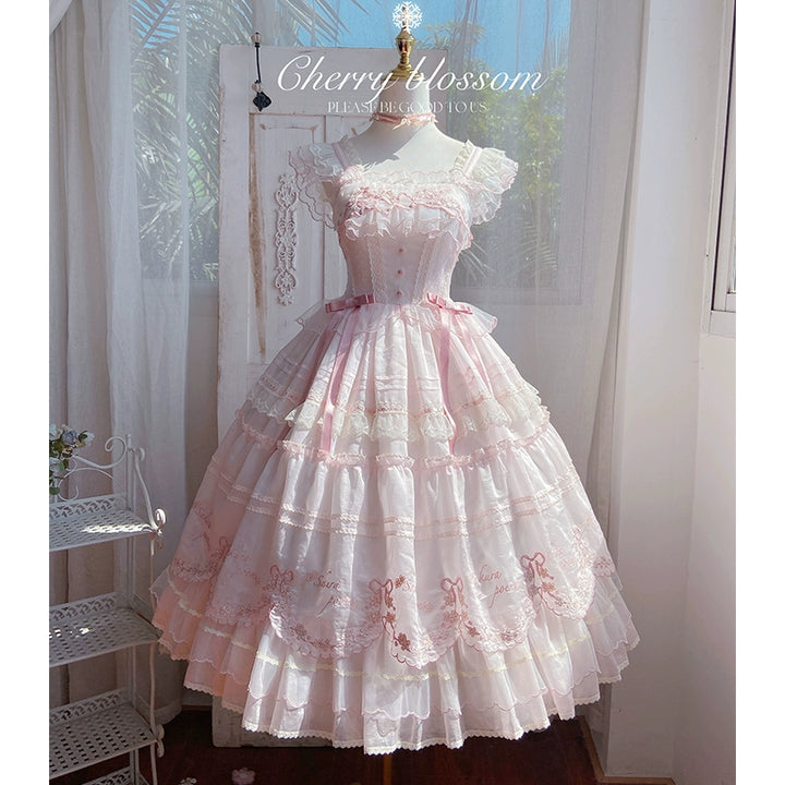 MieYe - Cherry Blossom - Pink Sweet Lolita Tiered Dress JSK / Straight waist S