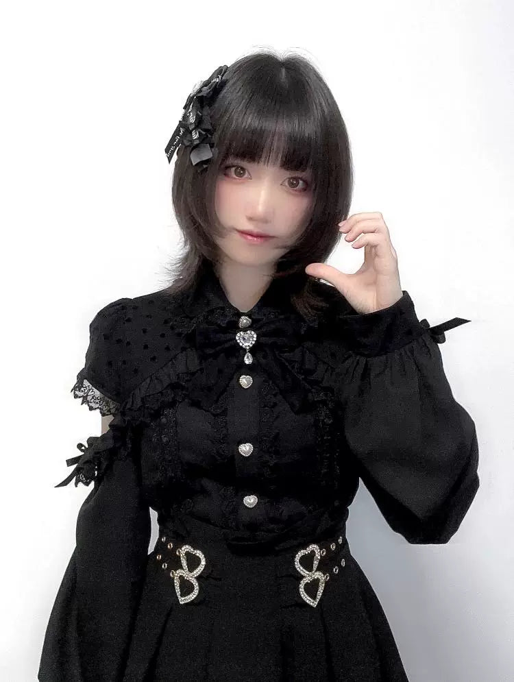 (BFM)Shengzhongwei~Jirai Kei Shirt Off-shoulder Long-sleeved Blouse with Bow S black fabric and black lace