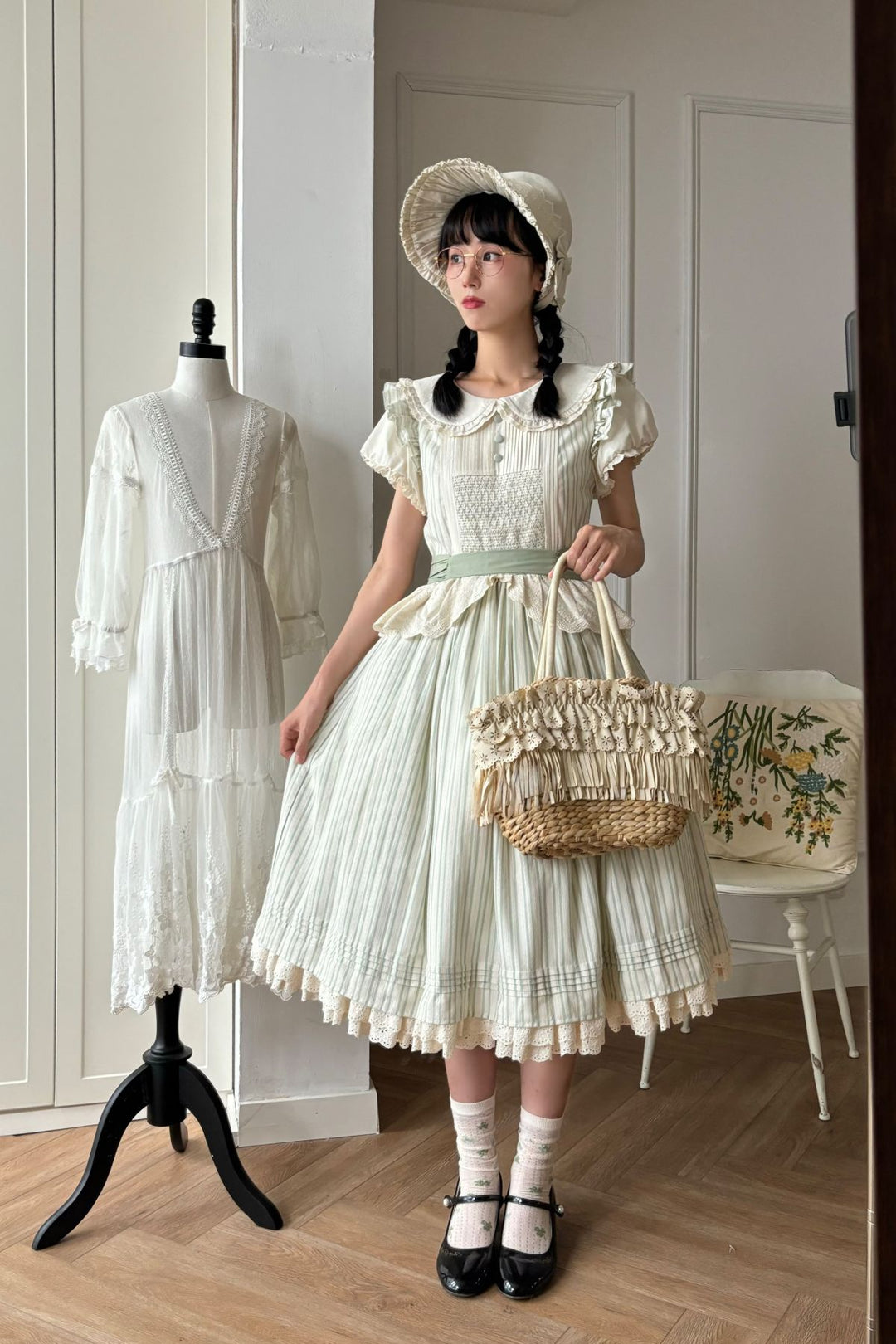 KOMOMO~Little Wild~Country Lolita OP Dress with Rattan Handbag and Hat