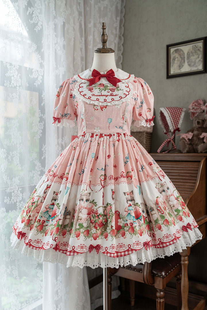 GD Lolita~Cat Strawberry Garden~Sweet Lolita Dress High Waist JSK Strawberry Print OP Pink OP Only S