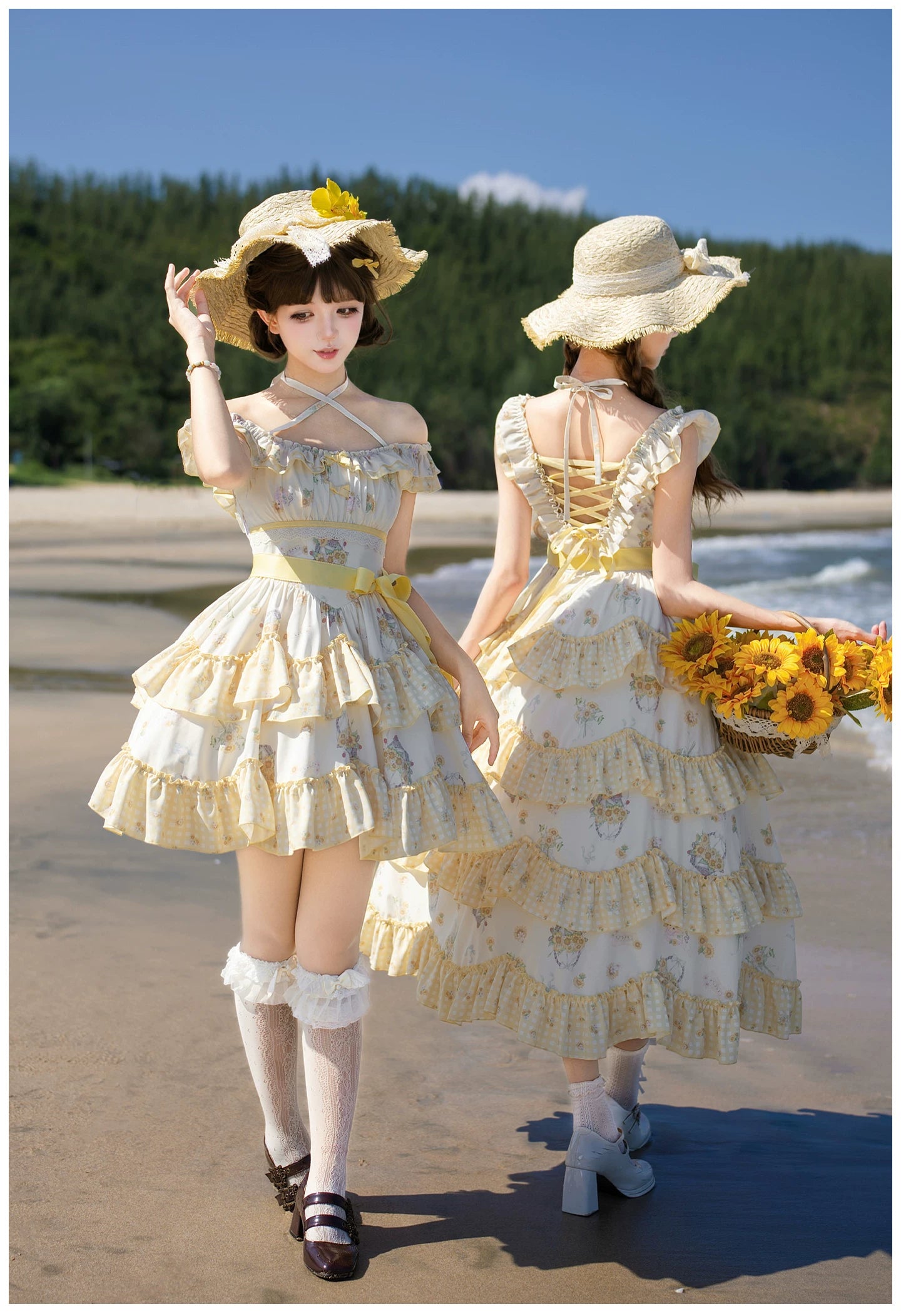 Small Sunflower - Classic Lolita Sunflower Printed JSK Dress, Tiered Hem 45740:860901