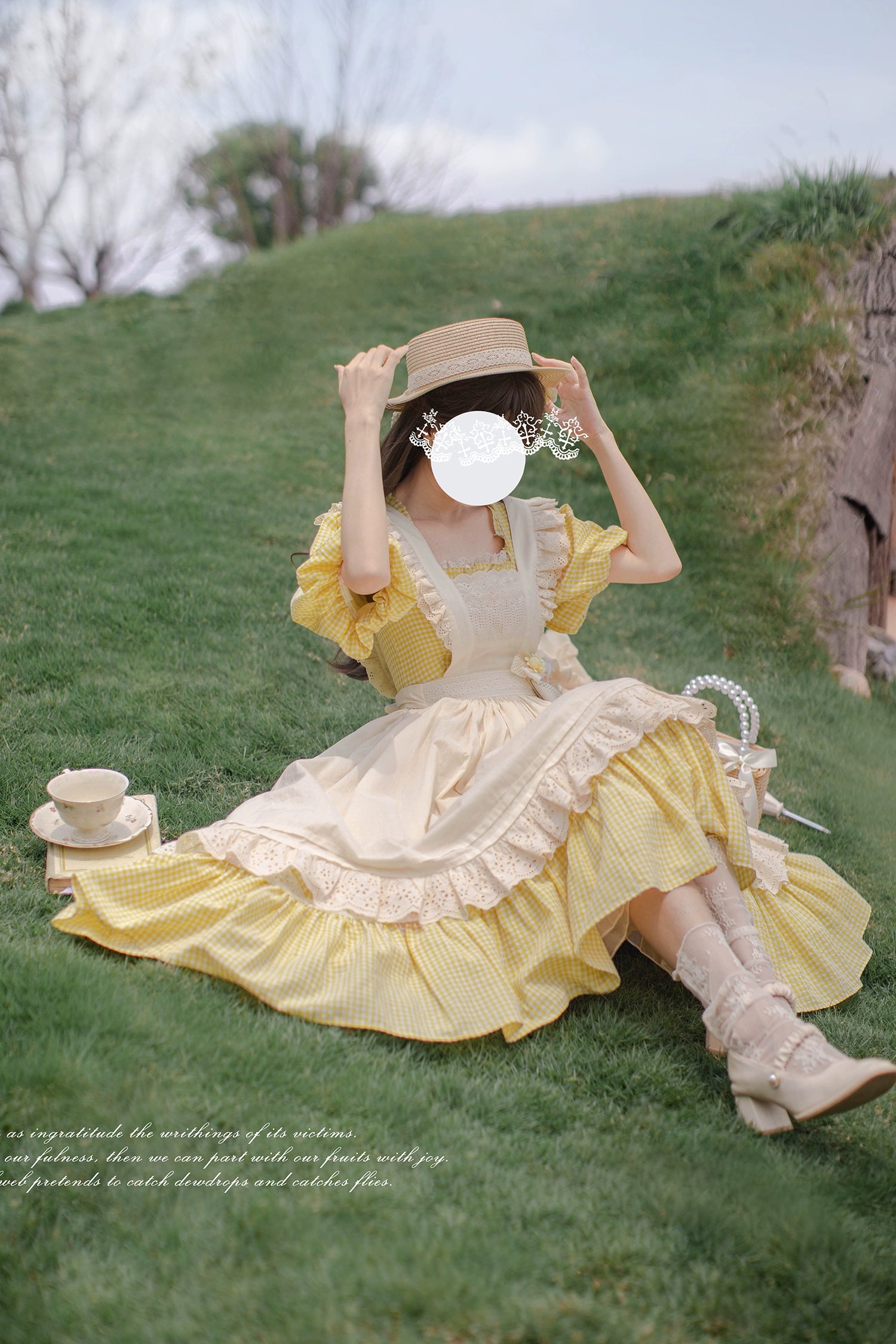 HuTaoMuJK - Belle - Yellow Lolita OP Dress Set Apron Dress Plaid Print