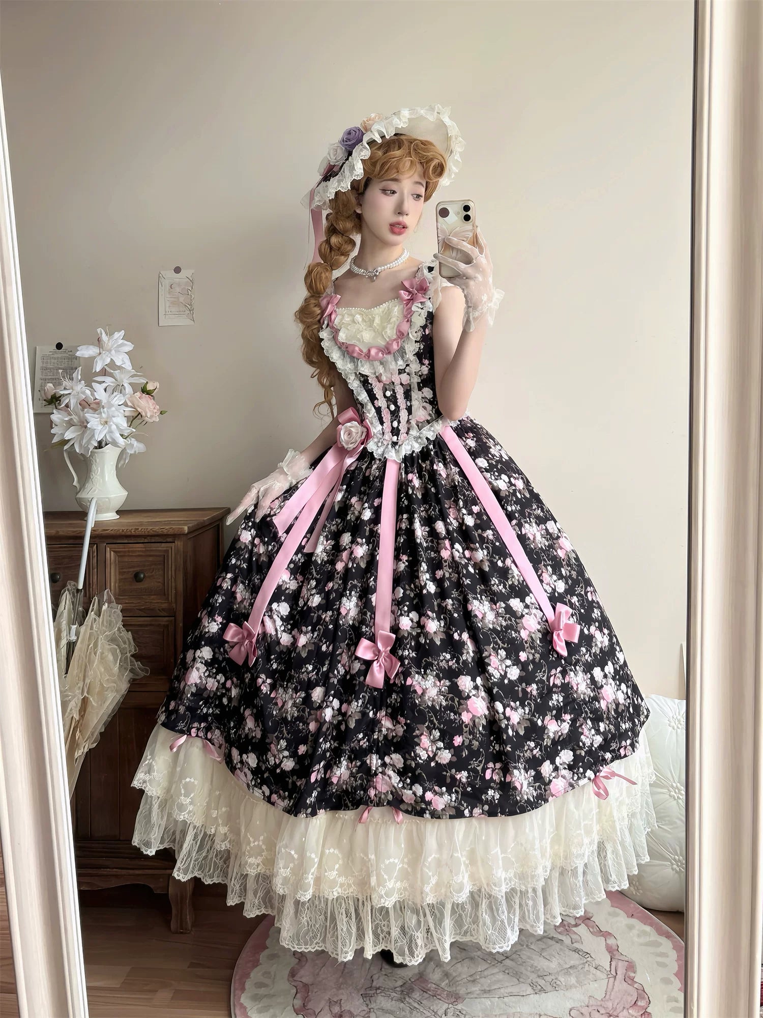 Dolota Flower Wall - Classic Lolita Floral OP Dress, Open Shoulder 44485:811076