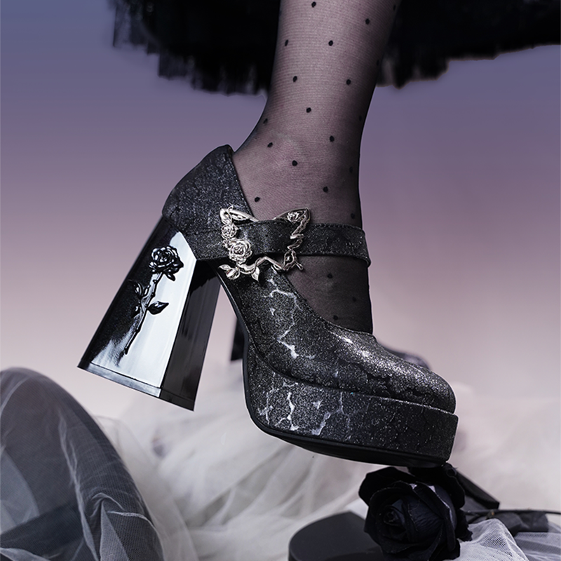 Dreamland - The cycle of all things - Lolita High Platform Shoes with Elegant Butterfly Buckle Glittery Black 34