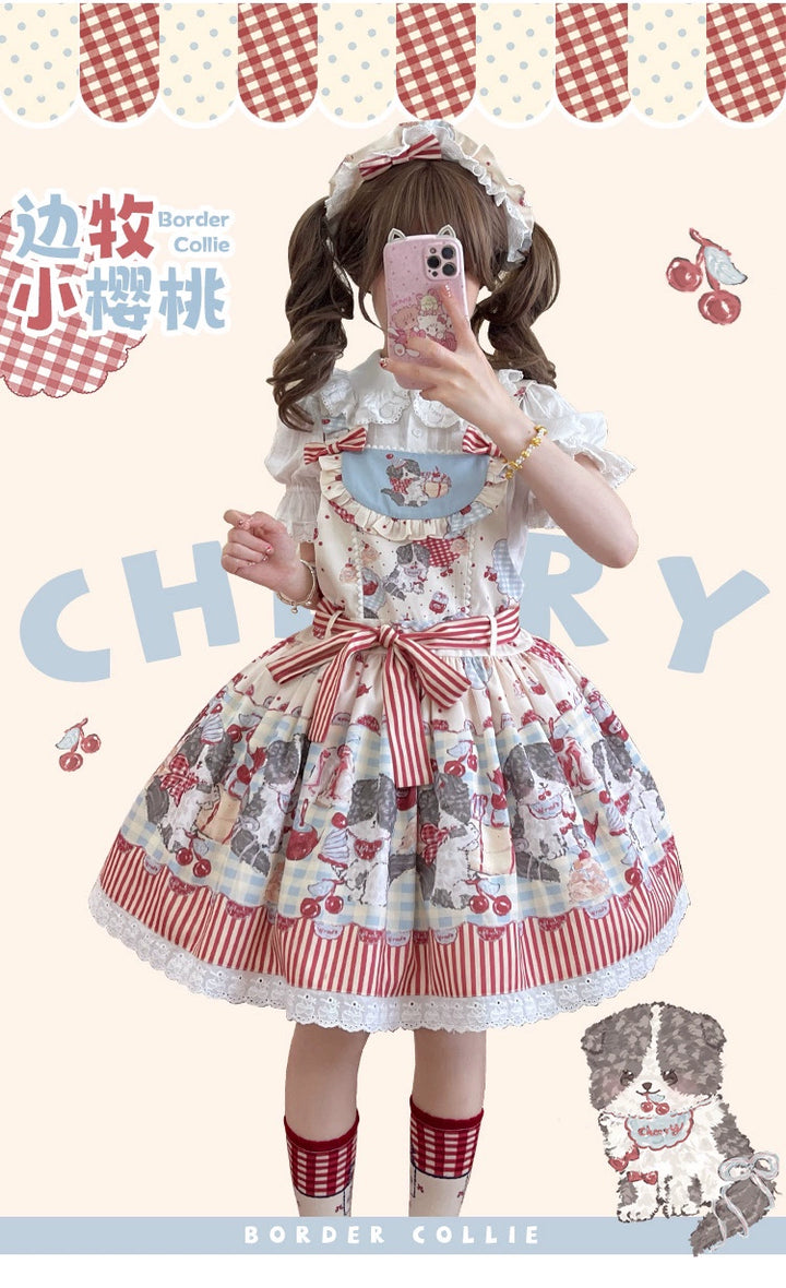 Akiyama Future Studio~Border Collie Cherry~Kawaii Lolita Salopette Cherry Print Dress   