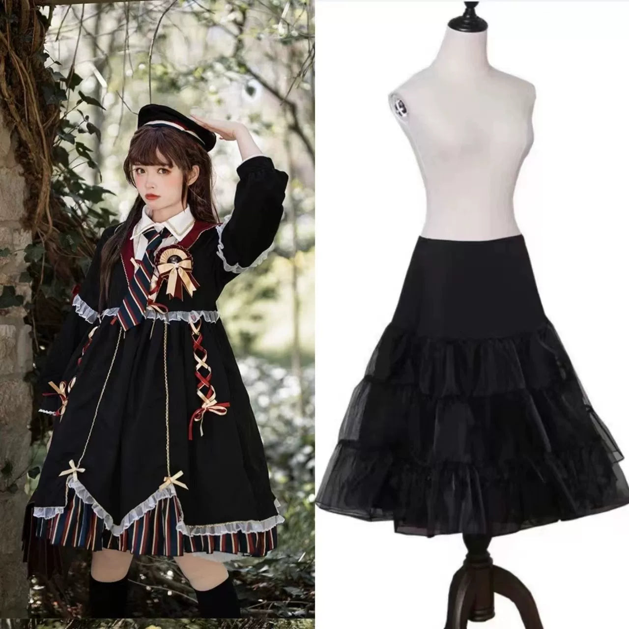 Cream Puff~Magic Girl~Gothic Lolita Black Dress Set S black full set (dress+tie+ hat +badge+petticoat) 