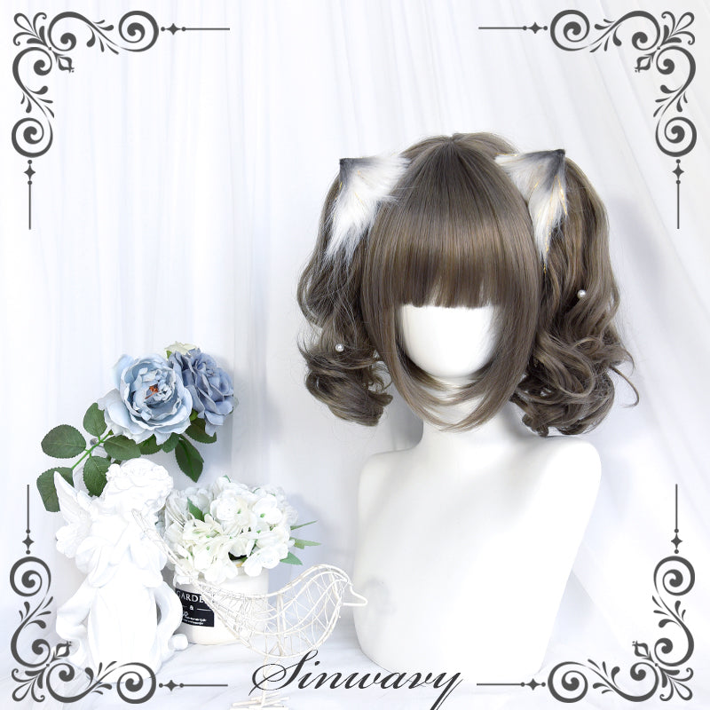 Sinwavy~Pandora's Box~Lolita Short Wig with Cute Double Ponytails flaxen gray - water wave curls, only a pair of ponytails  