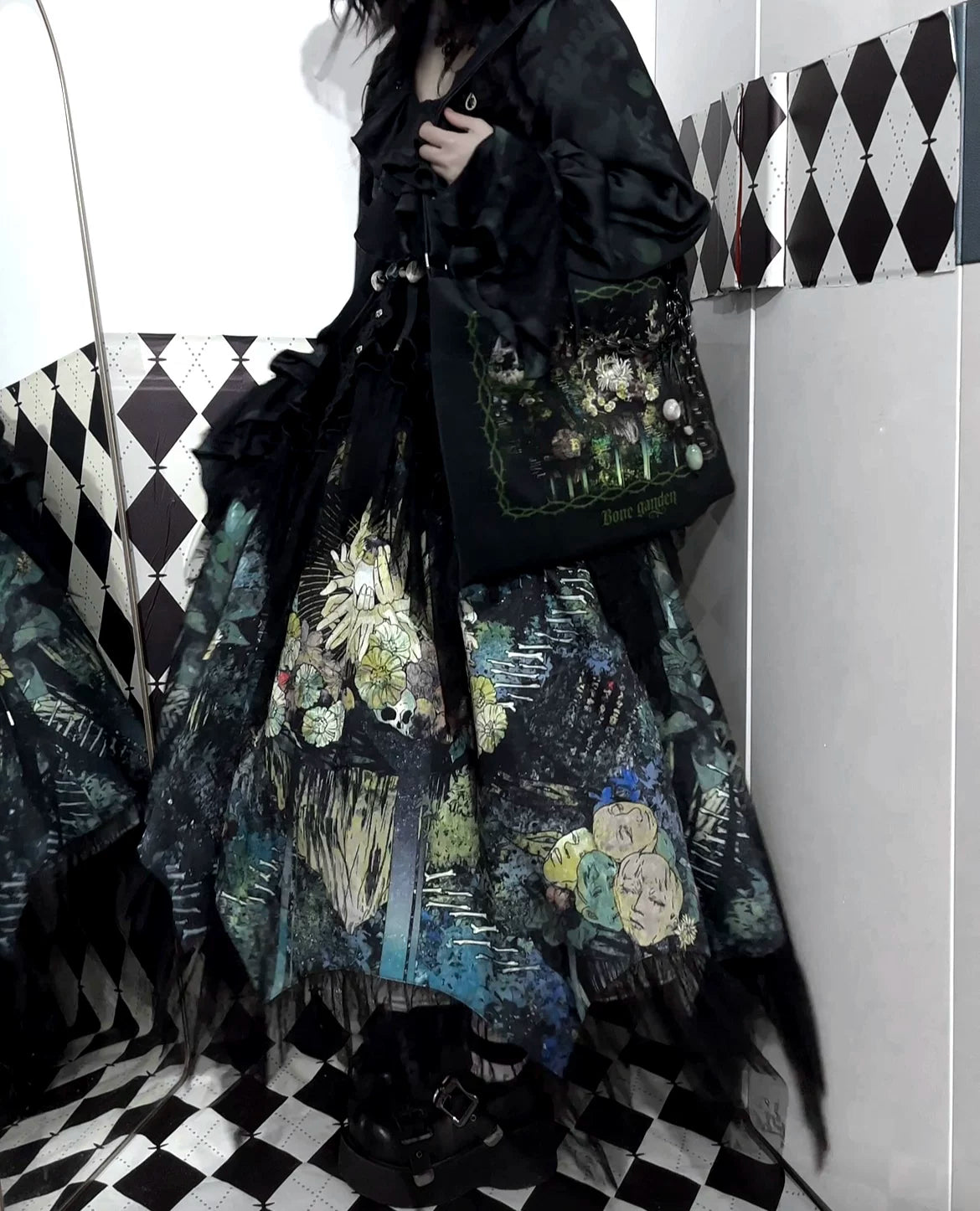 Bone Garden - Gothic Lolita Printed Tote Bag, Adjustable Strap 45188:839600