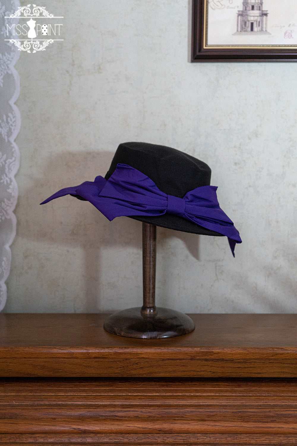 Miss Point - Stripped Lolita Headband Veil Hat Clip Necklace dark purple top hat