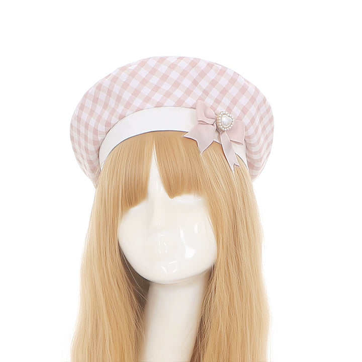 PuppetBombs~Sweet Lolita Dress Pink Plaid Jirai Kei Dress Short Sleeve S Pink plaid hat