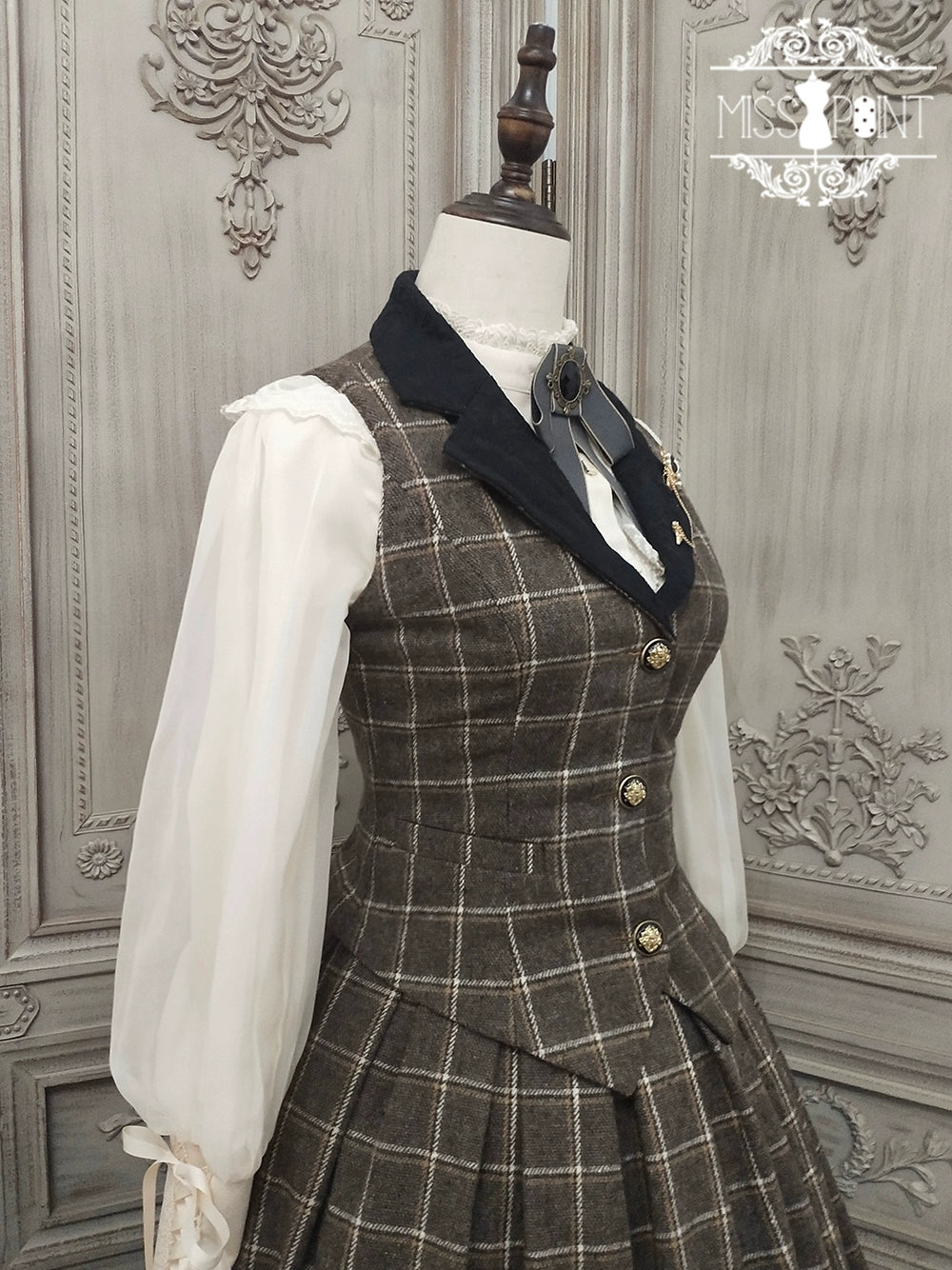 (BFM)Miss Point~Rose~Elegant Lolita Pliad Print Vest Customized M dark brown grid (L M) 32510:385460