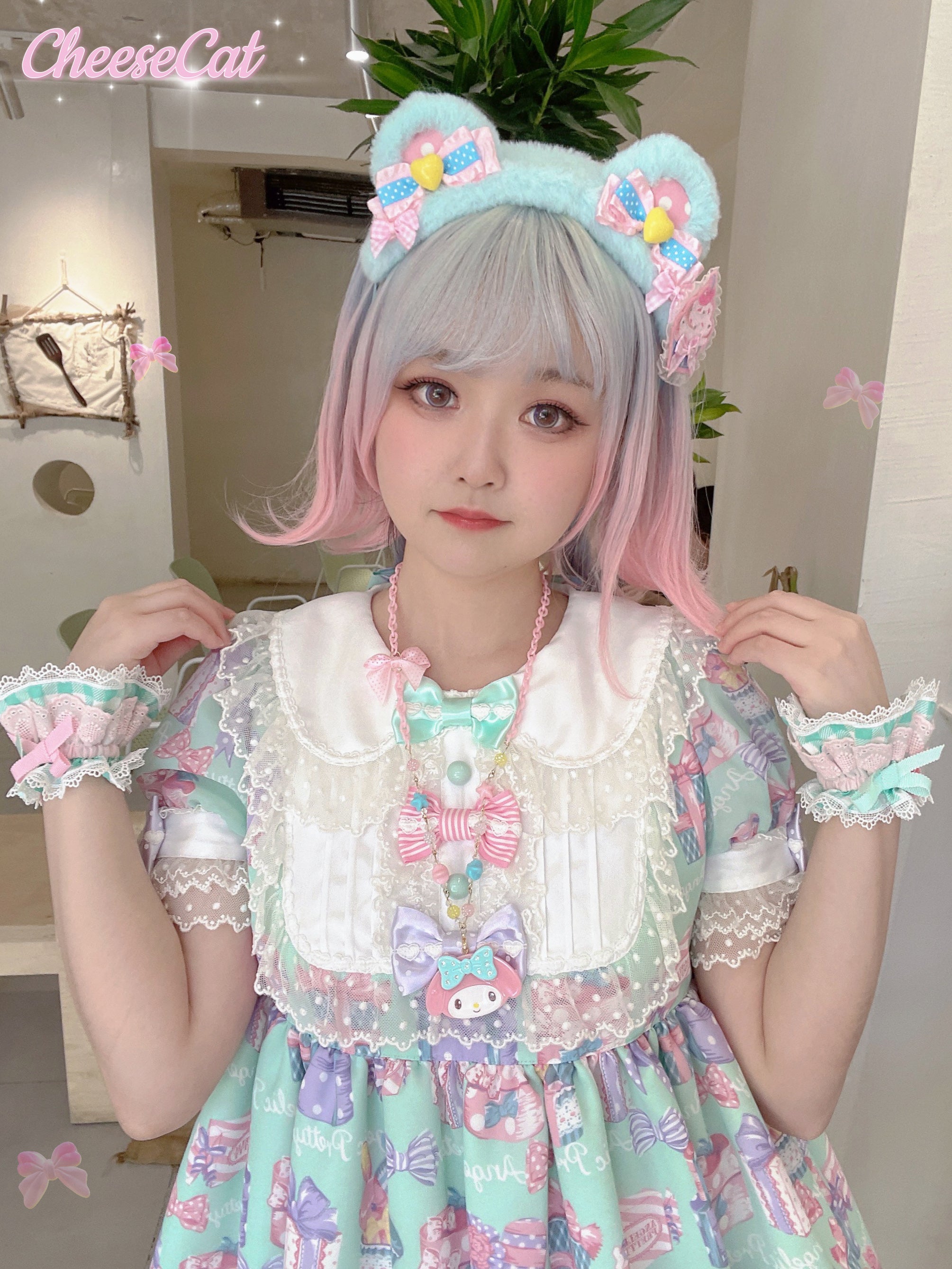 Cheese Cat - Sweet and Playful Strawberry Gingham Lace Cuffs