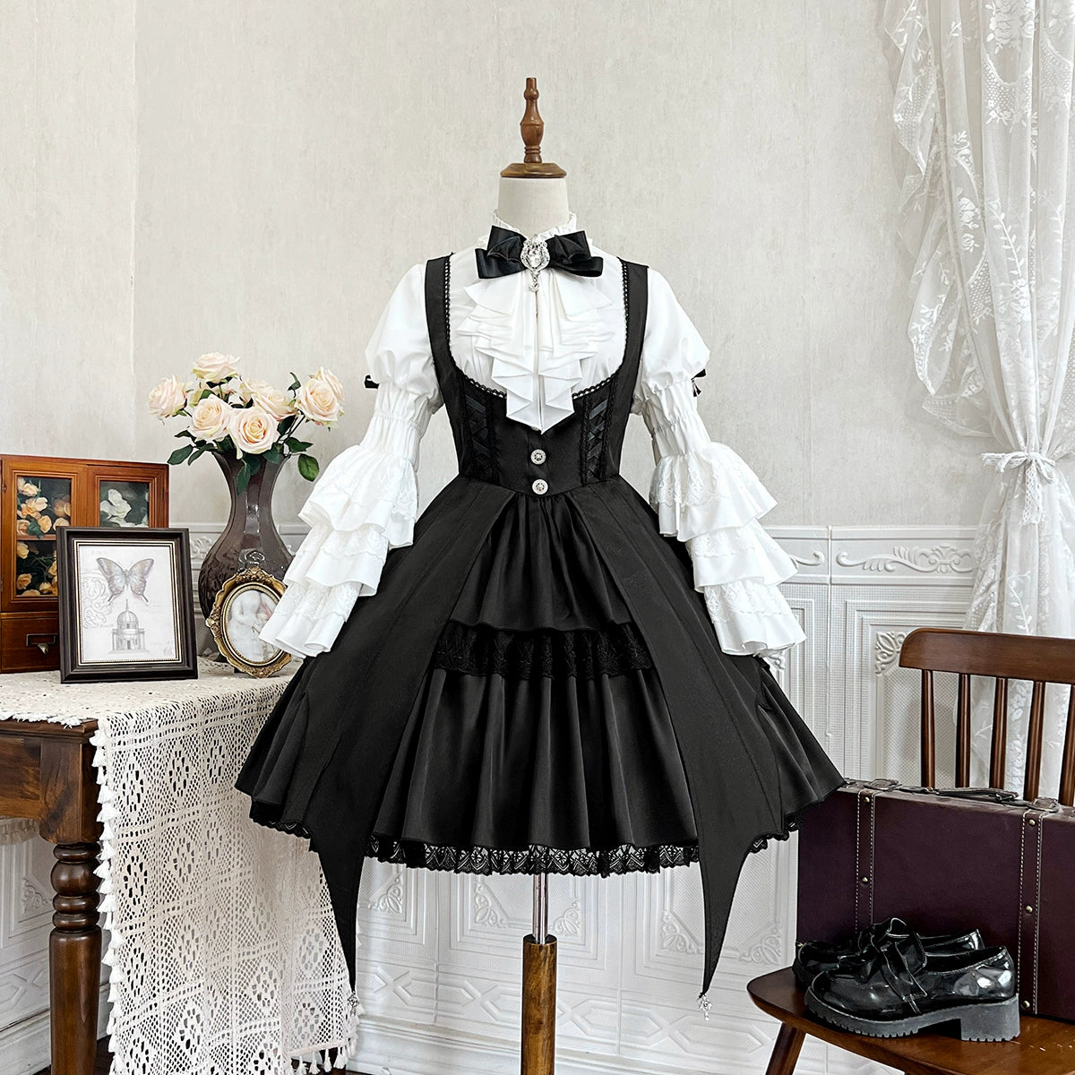 Your Princess - Dawn Witch - Black Gothic Lolita JSK Dress + White Blouse Blouse + JSK S