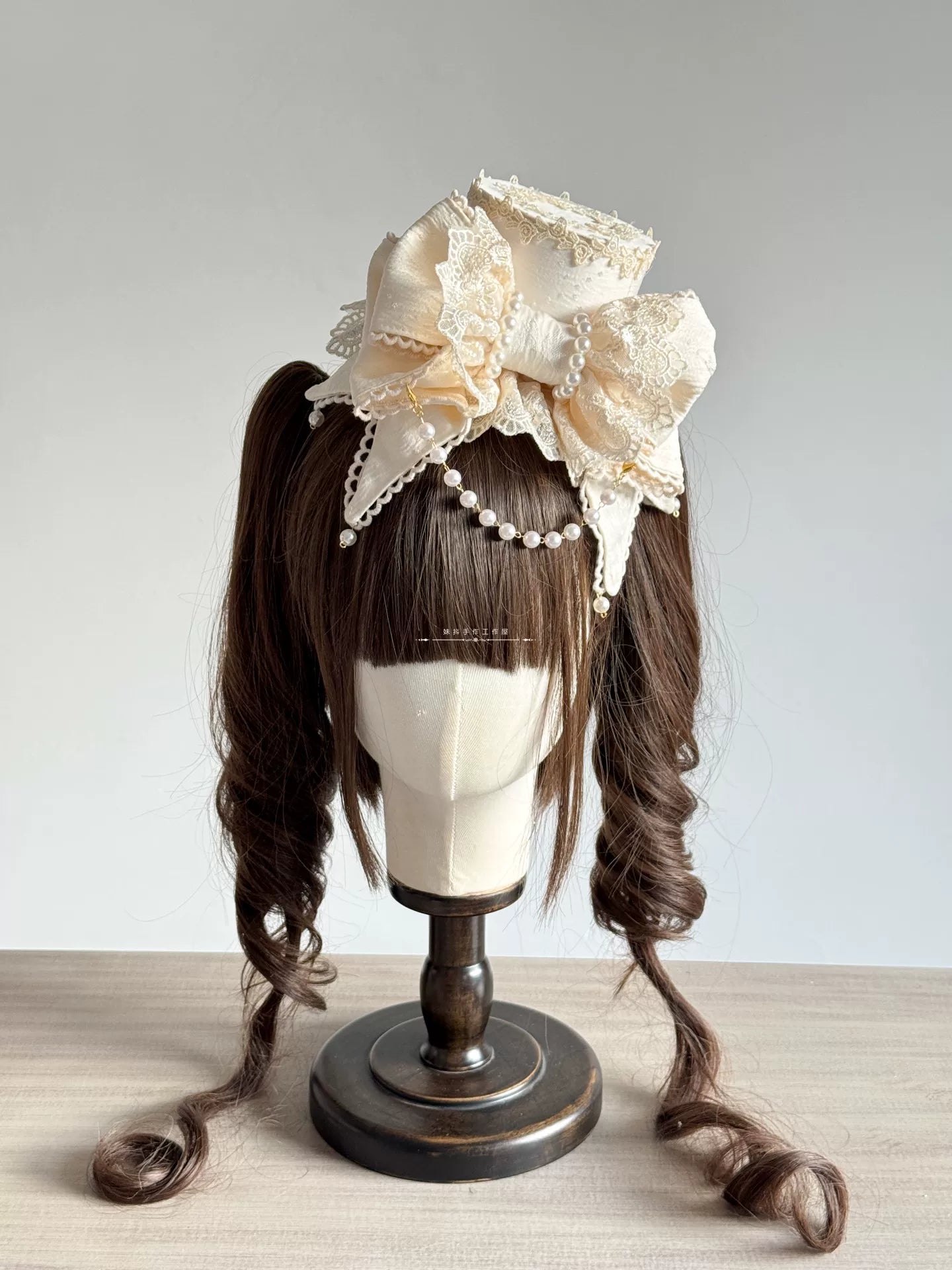 Sweet Lolita Bowknot Top Hat, Lace & Pearl Detail Ivory - Top Hat