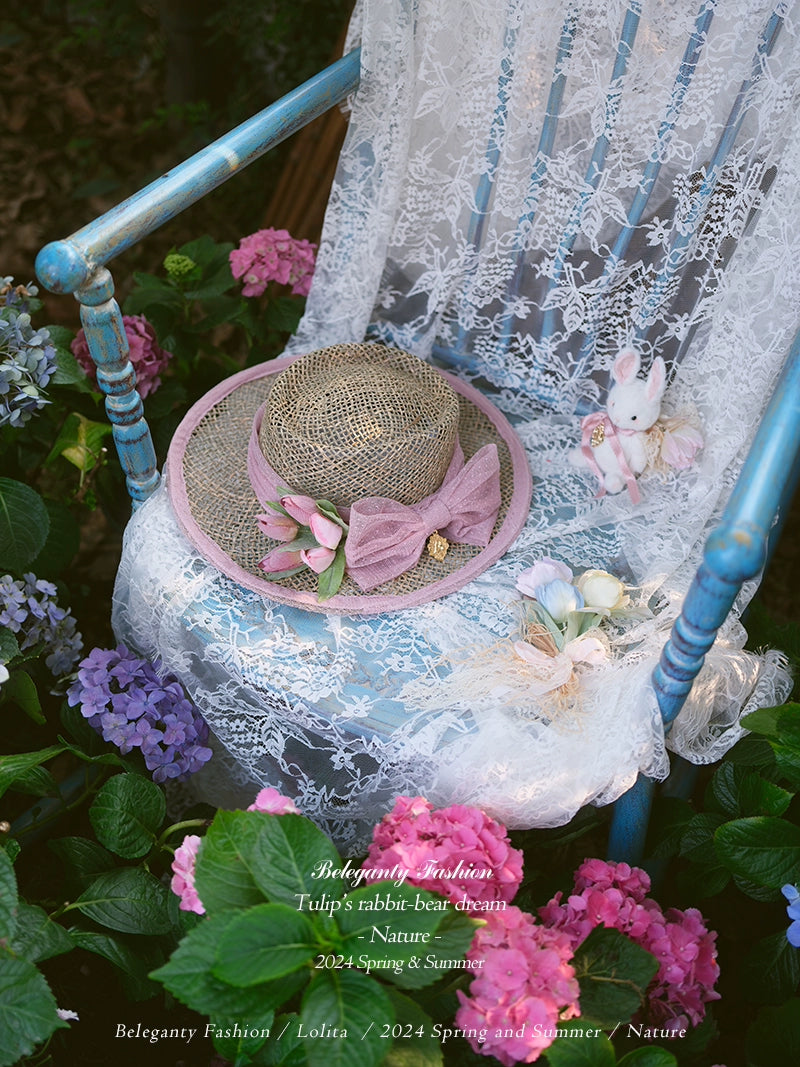 Beleganty~Tulip's Rabbit-Bear Dream~Sweet Lolita Straw Hat Lolita Tulip Brooch Purple pink - Straw hat  
