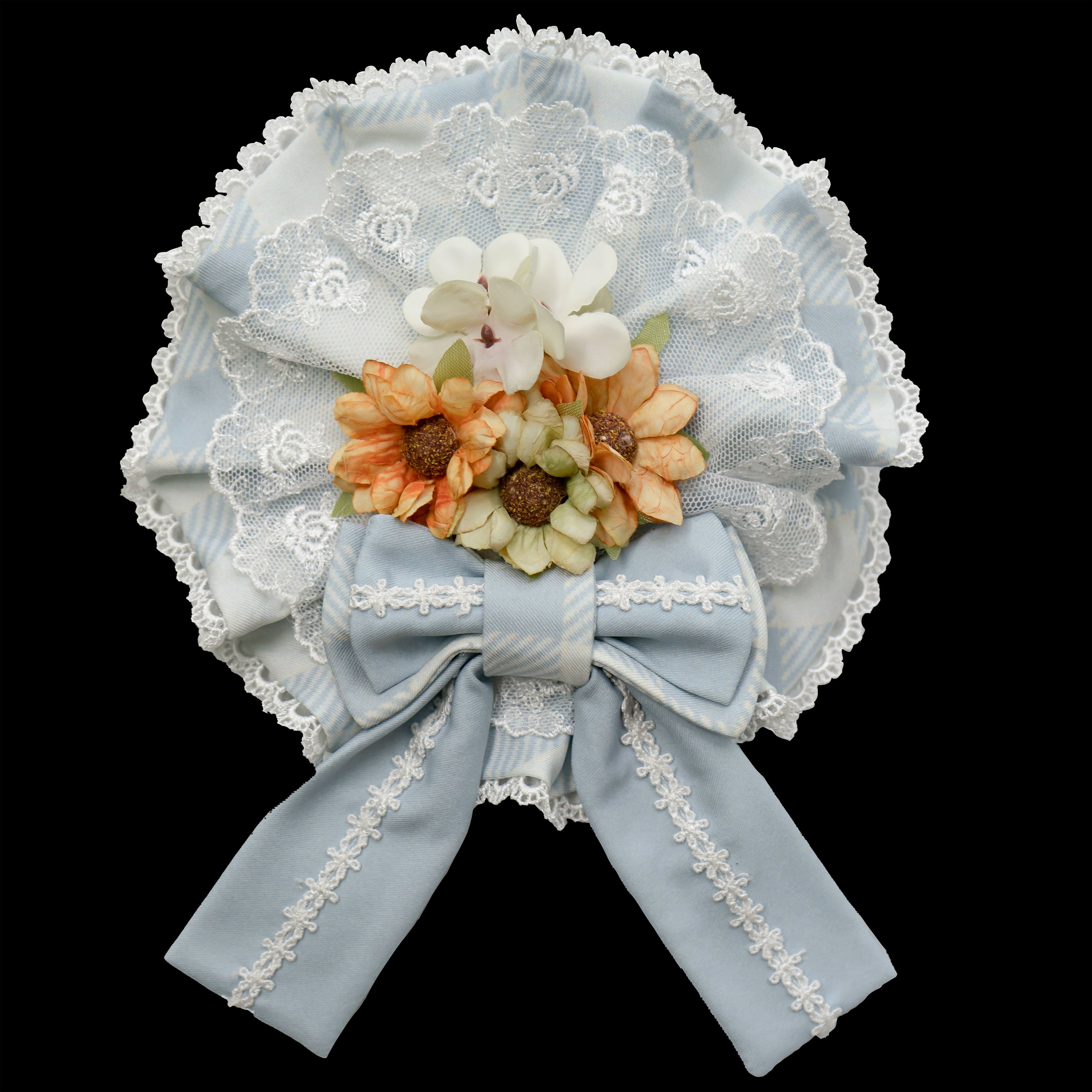 Chaton Jardin - Sunny Cat - Sweet Lolita Cat Ear KC Plaid Flower Ball Brooch One Size Light Blue-Dual-use Flower Brooch