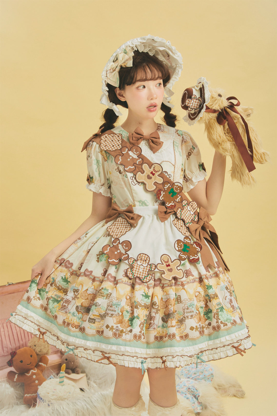 Babyblue~Little Bear Honey Jar~Kawaii Lolita Short Sleeve OP Gingerbread Man Embroidered Dress   