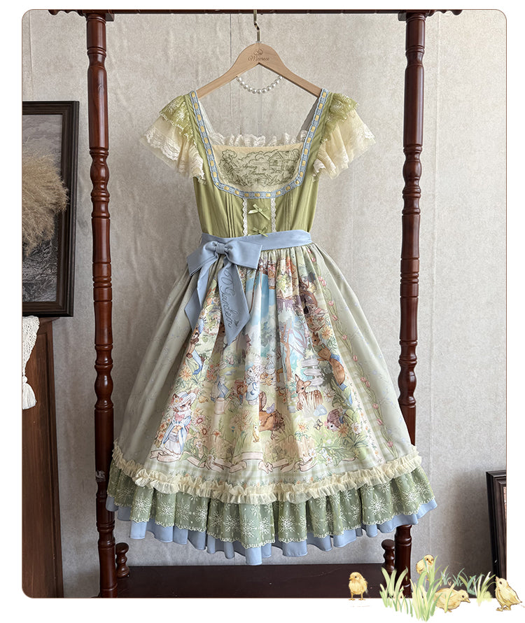 Strawberry Fantasia~Spring Bloom~Country Lolita JSK Set with Animal Prints and Overlay