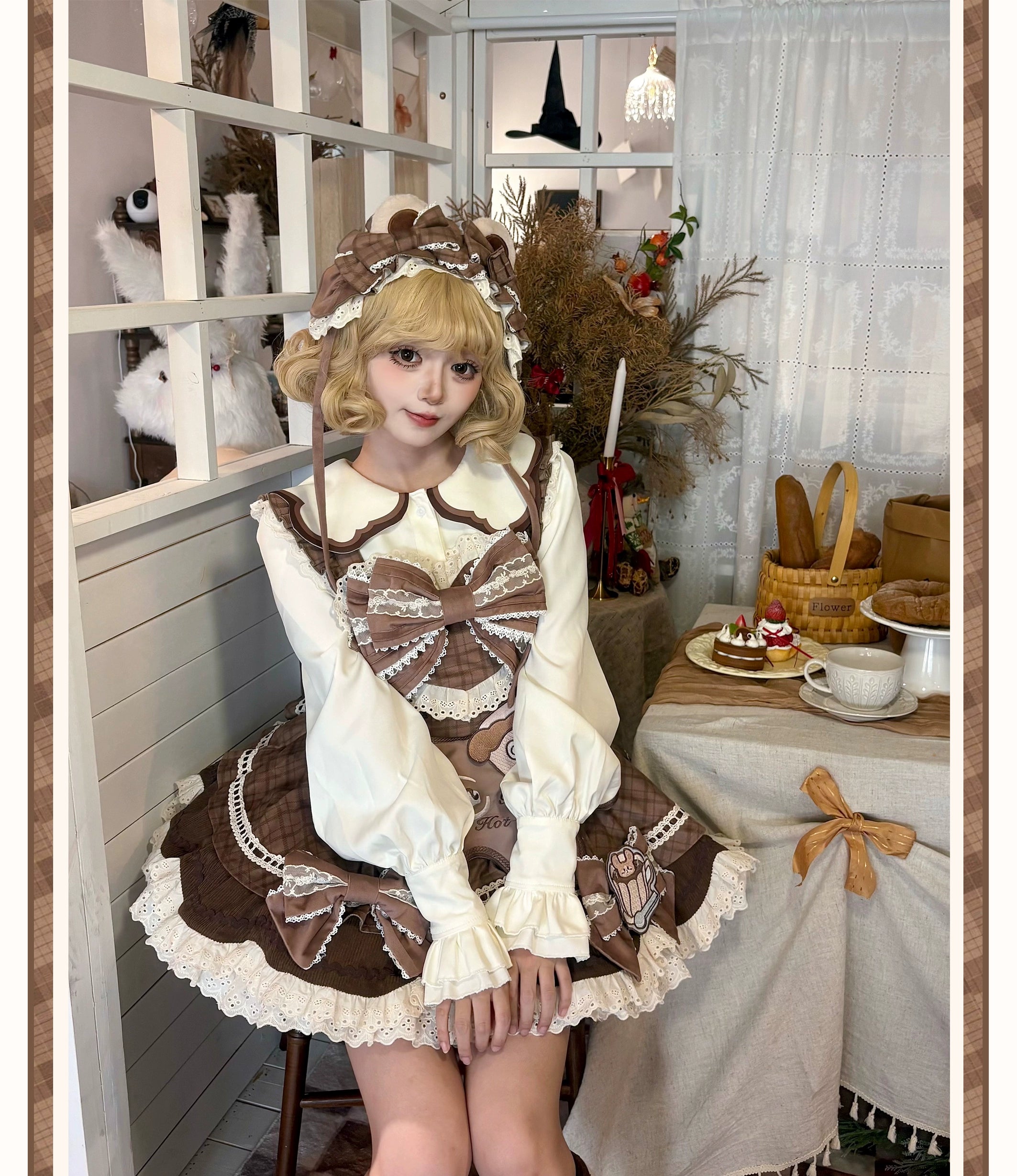 Seal Frosting House - Hot Cocoa Bear - Kawaii Lolita JSK Dress, Blouse & Cape 44181:797624