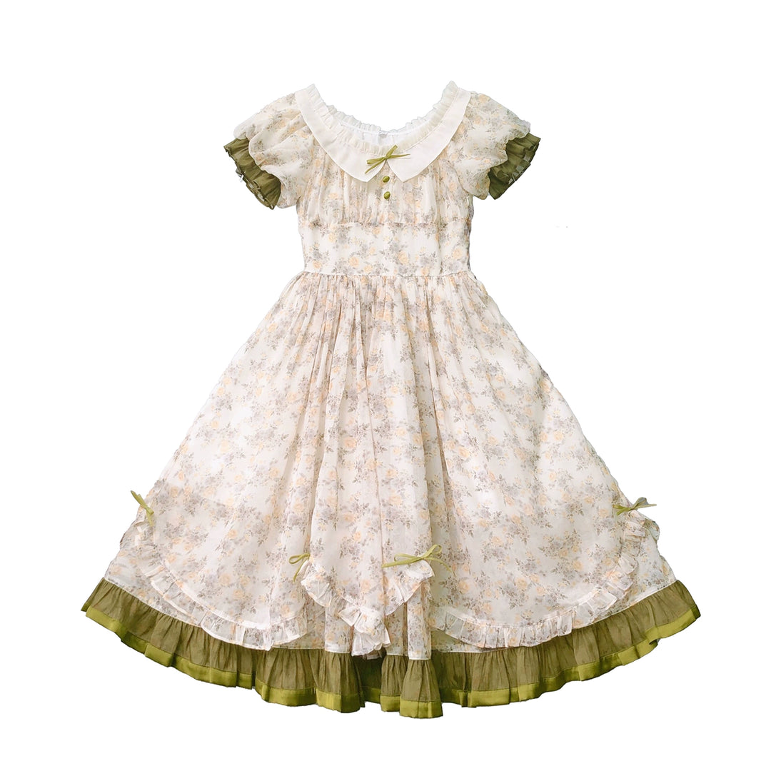 HuTaoMuJK~Green Mountain Wall's Annie~Vintage Lolita Dress Floral Printing Short Sleeve Dress S dress 