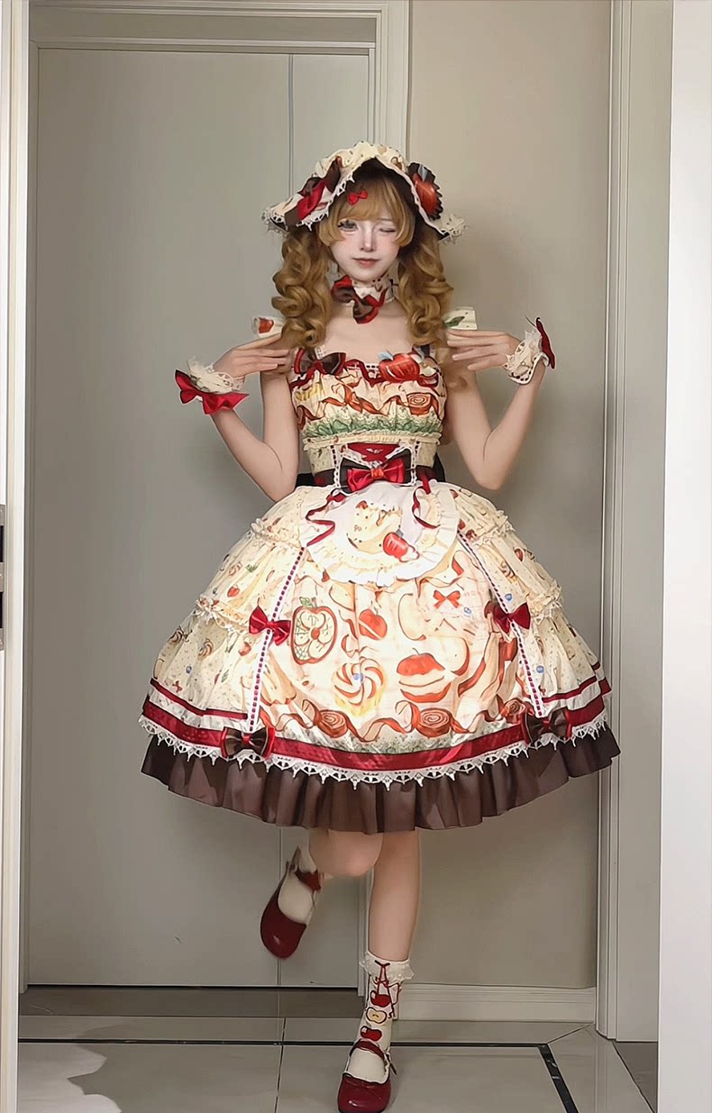 Maple Apple Tart - Sweet Lolita JSK Dress Set, Apple Pie Print 46100:875120