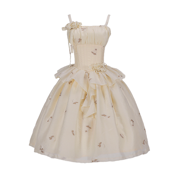 LIULI LSLAND~Elegant Lolita High Waist Beige Fishbone Dress S long fishbone dress 