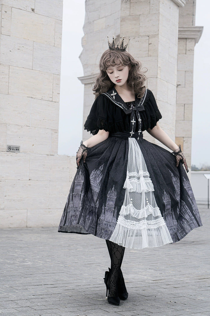 Cornfield Lolita~Silent Church~Gothic Lolita JSK Front Open Printed Dress and Thin Cardigan Set   