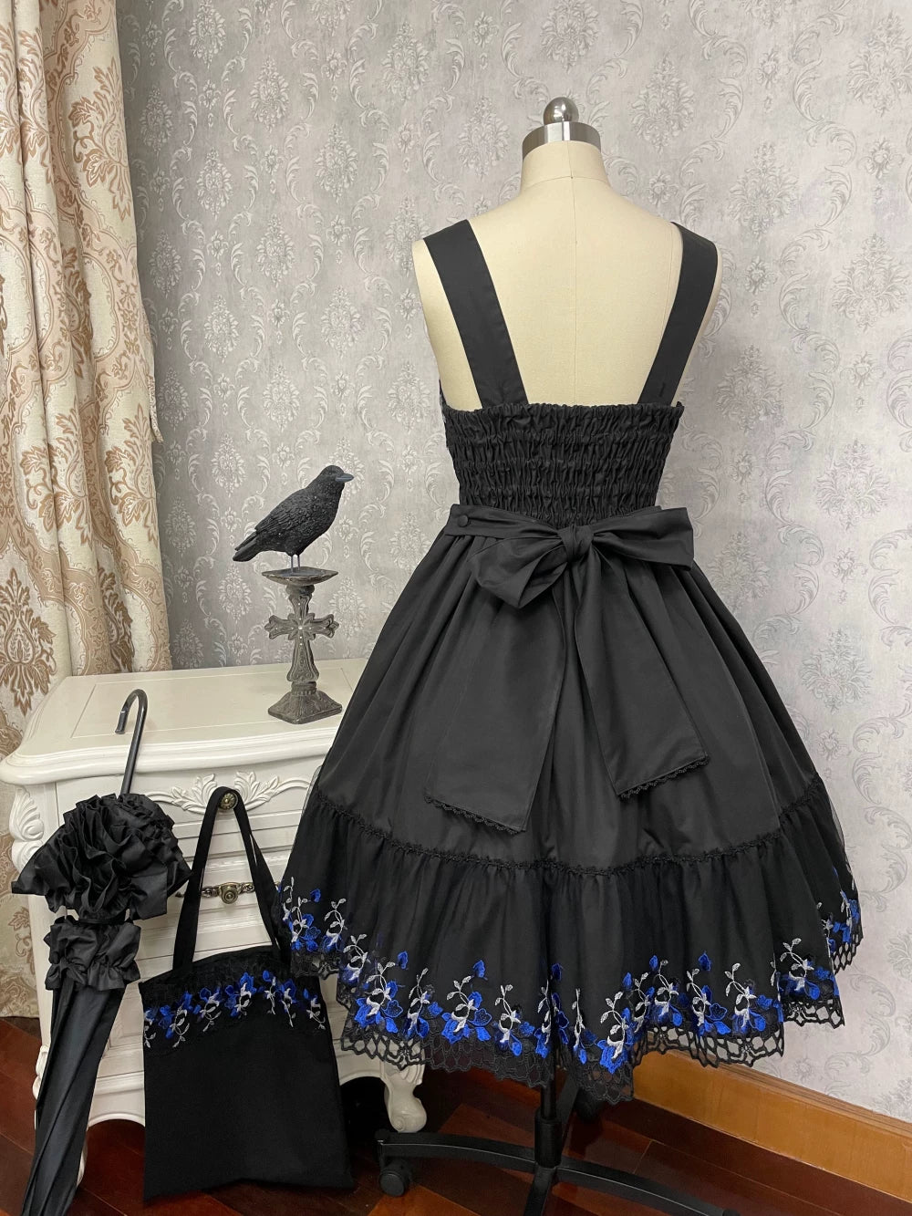 Alice of the Night - Gothic Lolita JSK Cotton Dress, Embroidery & Blue Florals