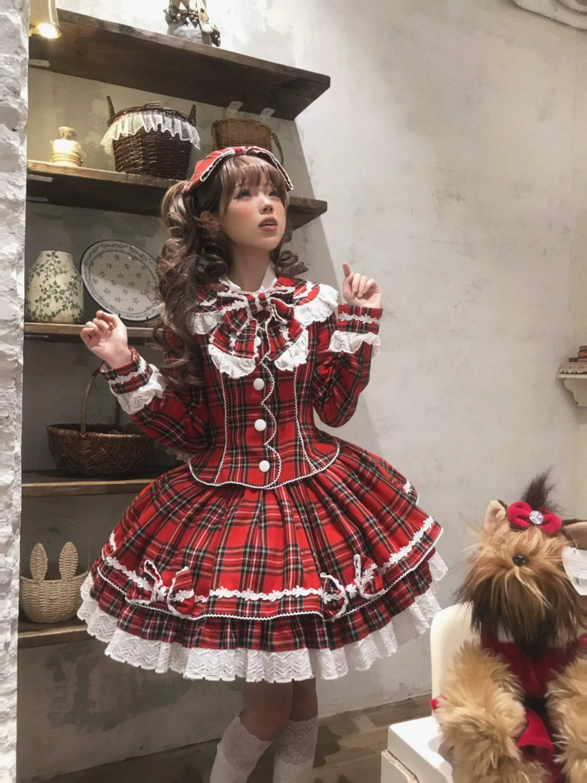 Christmas Knot - Christmas Old School Lolita Jacket & Skirt Set, Red Plaid 46051:873304
