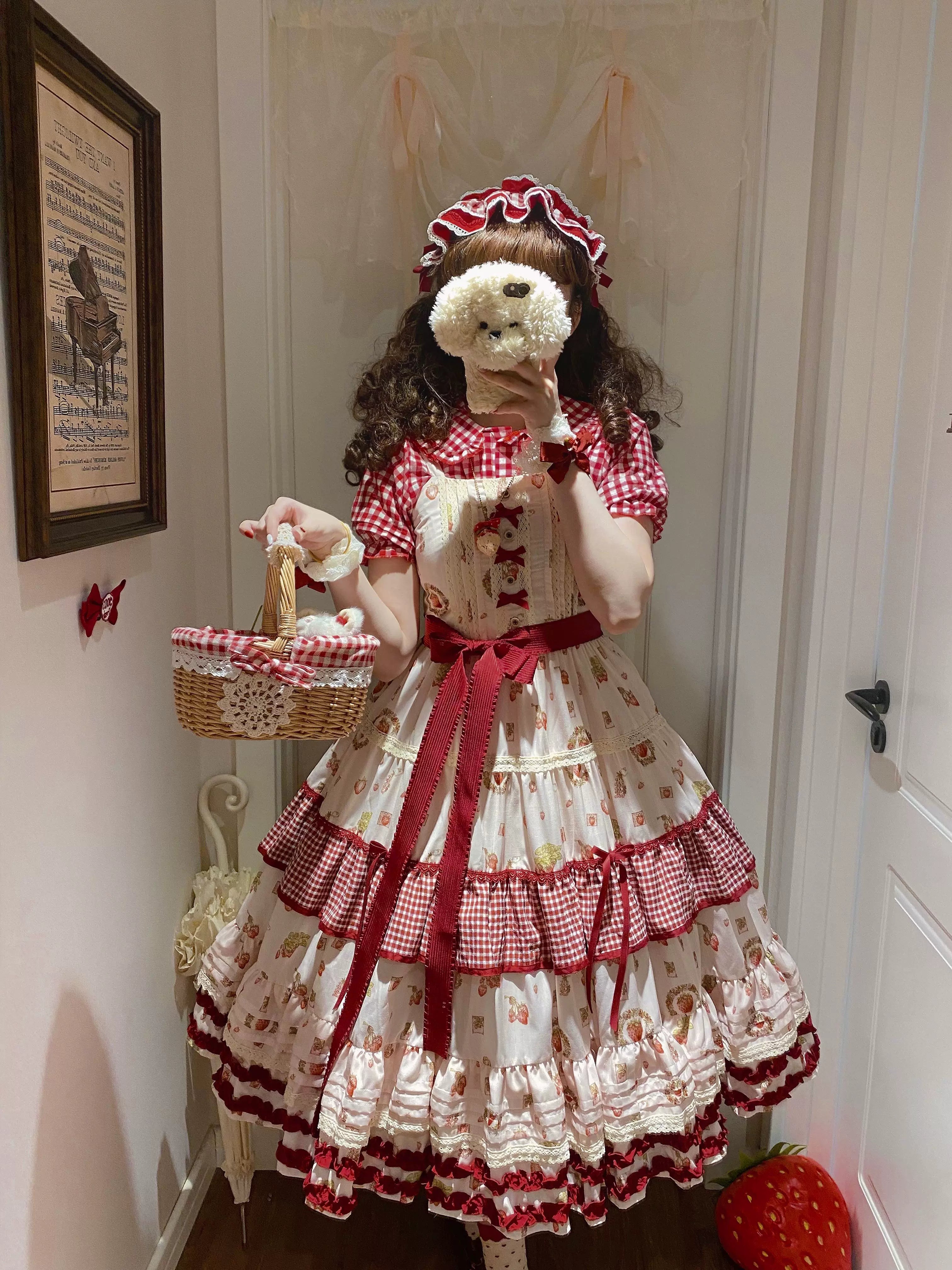 Skyfaring Strawberry - Printed Classic Lolita JSK Dress, Tired Hem