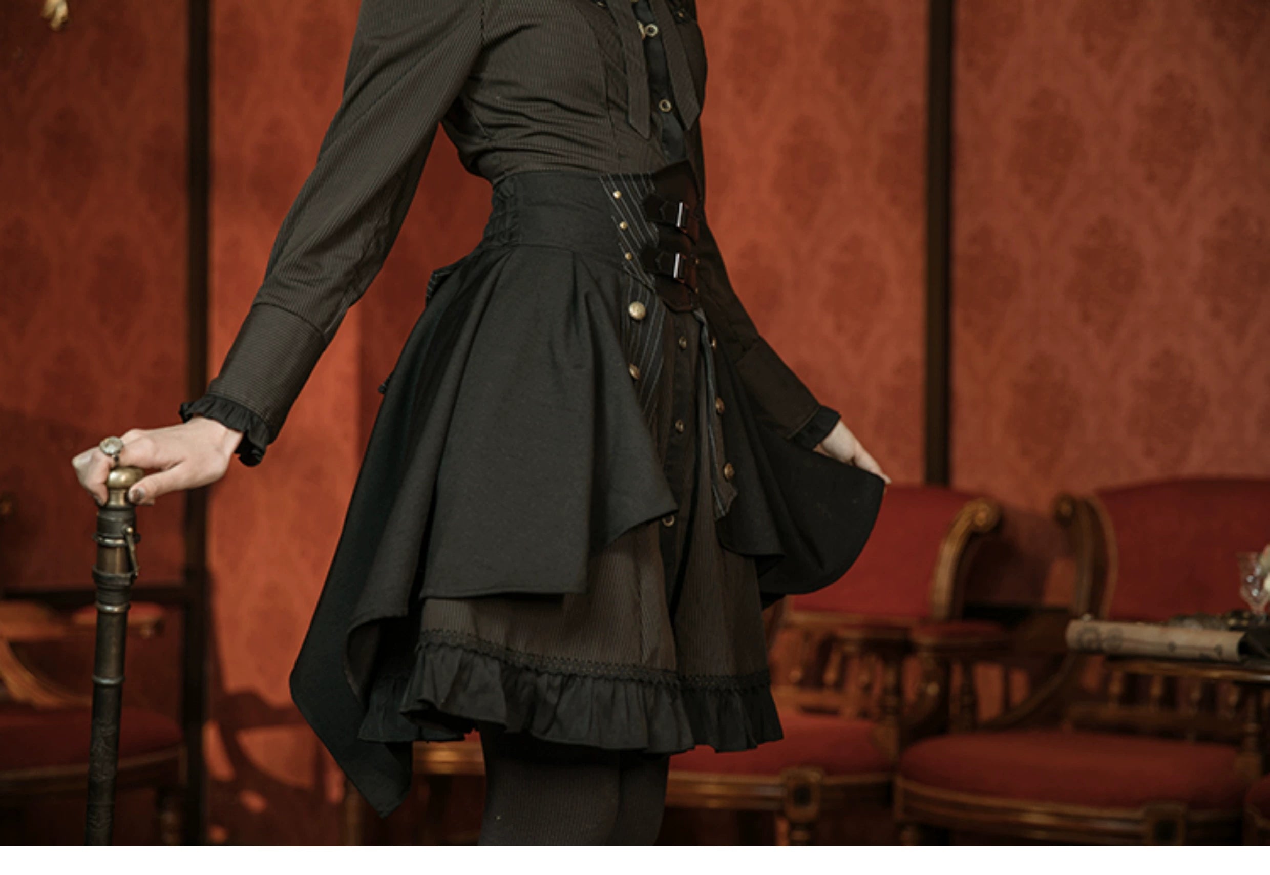 Mr. Yi's Steam Continent - Gothic Lolita Skirt Black High-Waisted Leather Waistband Skirt