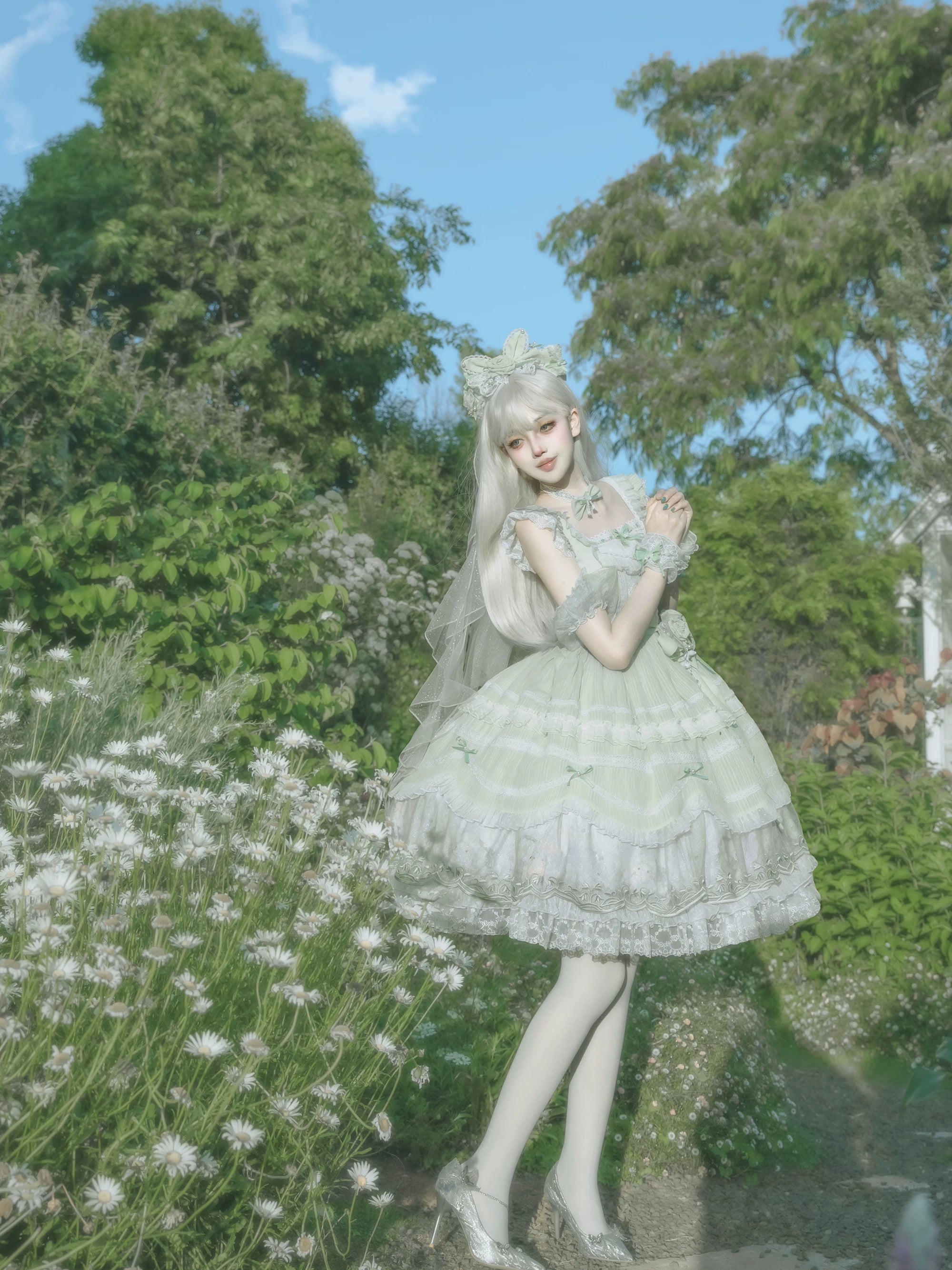 Lily of the Valley Lamb - Classic Lolita Tiered Hem JSK Dress with Embroidery 45277:852091
