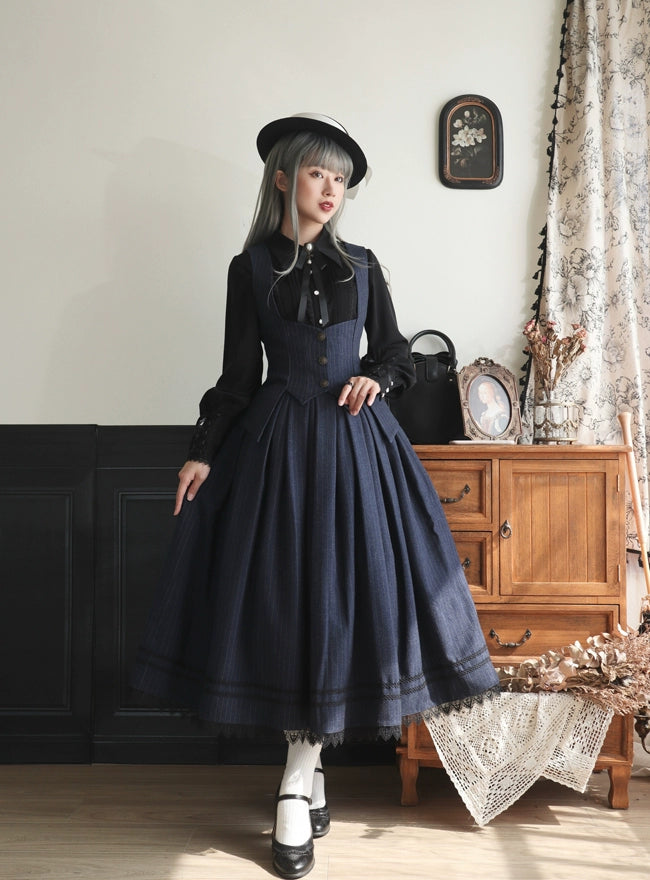 Forest Song - Griffin's Promise - Classic Lolita Skirt Striped Plaid Elegant SK S Indigo Skirt