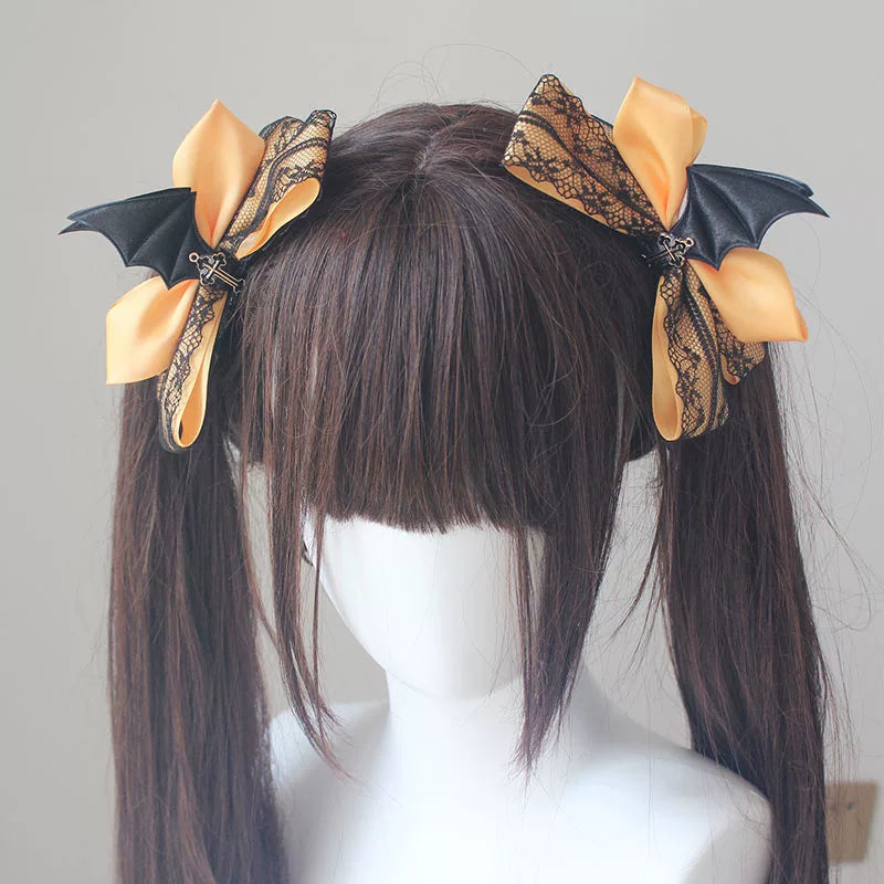 Gothic Lolita Hair Clips, Cross & Devil Wings Turmeric Yellow
