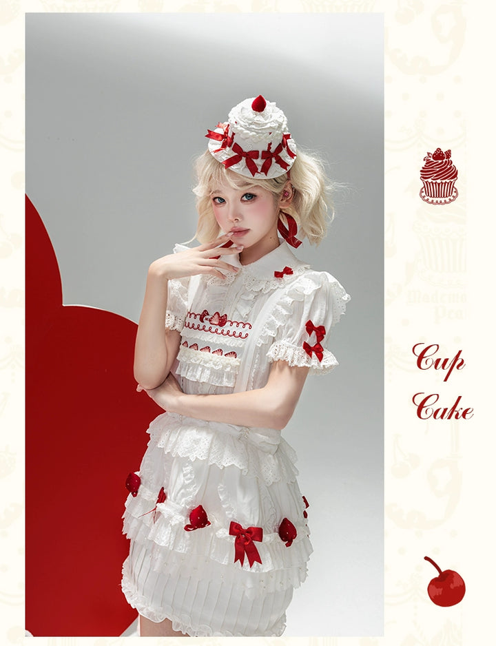 Mademoiselle Pearl - Cup Cake - White, Red Bow, Sweet Lolita Dress Set