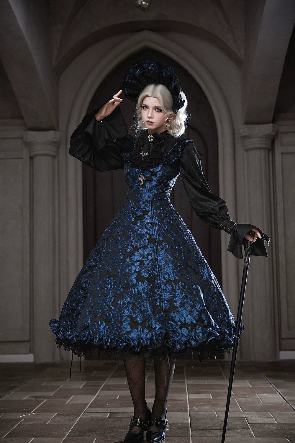 Midnight Lily - Gothic Lolita Lily Jacquard JSK Dress, Drawstring Lift-up Hem 45765:861806