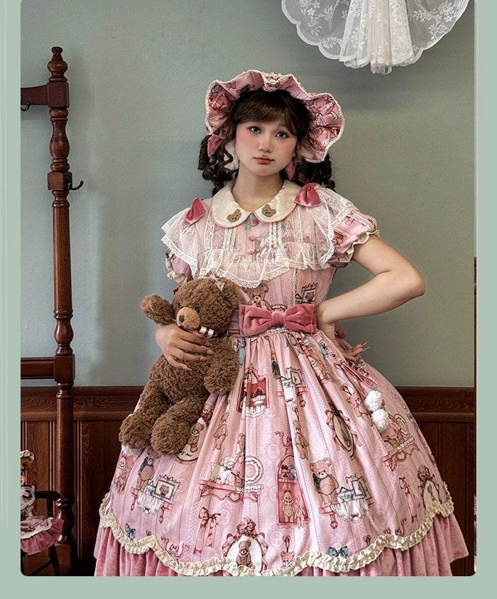 Alice Girl~Bear Doll Wall~Sweet Lolita OP Lovely Bear Print Dress   