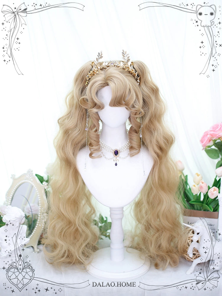 Dalao Home - Lolita Short Curls Hair Oil Painting Style Double Ponytail Wig Zhenshi milk tea gold (with hairnet)
