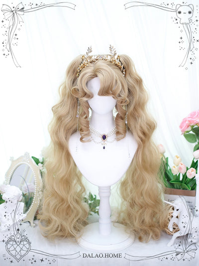 Dalao Home~Lolita Short Curls Hair Oil Painting Style Double Ponytail Wig Zhenshi milk tea gold (with hairnet)  