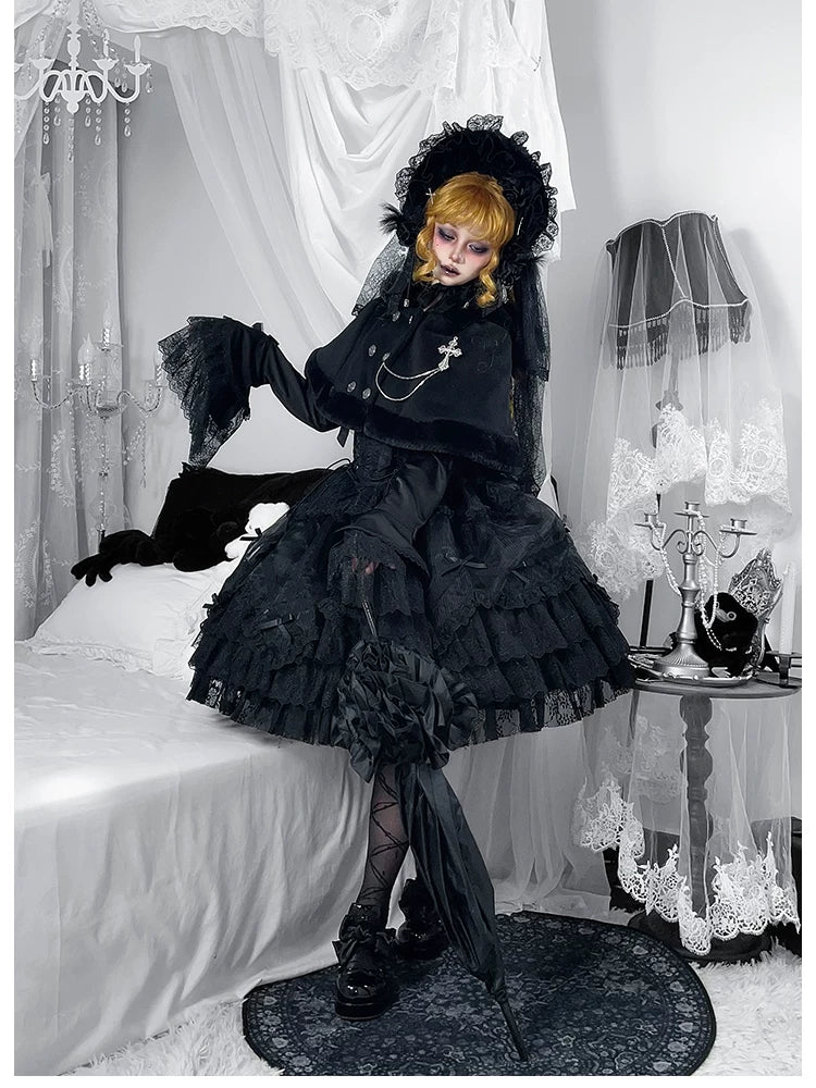 Dark Fog Feast - Gothic Lolita Bust-support Strap Dress, Lace & Cross 45256:842514